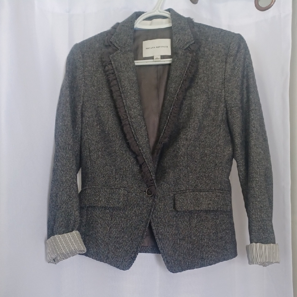 Banana Republic Blazer womens Size 2 Mad Men Grey Wool Blend Tweed